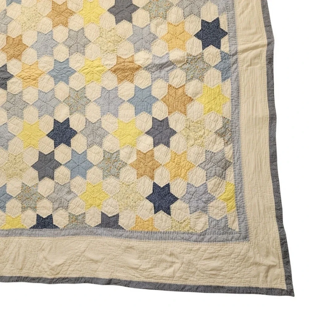 70s‎ heirloom Star patch Quilt 86x81 Handmade Cottagecore Farmhouse Blue Cream